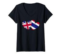 Donna UK Thailandia Cuore Bandiere British Thai Love Pride Maglietta con Collo a V