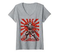 Donna Ukiyo-e Anime Style Samurai Warrior Japanese Flag Ninja Maglietta con Collo a V
