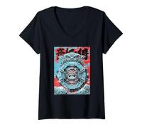 Donna Ukiyo E Cyberpunk Mecha Face Mount Fuji Maglietta con Collo a V