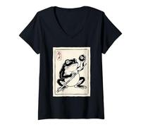 Donna Ukiyo-e Frog - Giocatore di Biliardo con 8 Palline Maglietta con Collo a V