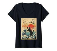 Donna Ukiyo-e Gatto Nero Giapponese Kanagawa WavesArt Divertente Maglietta con Collo a V