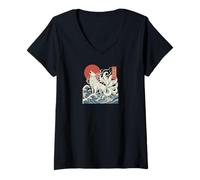 Donna Ukiyoe Kitsune Kaiju Spirit Fox risveglia L'Arte Giapponese Maglietta con Collo a V