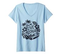Donna Ukulele da Surf Hawaiano dal Vivo Aloha Hibiscus Tropical Vibes Maglietta con Collo a V