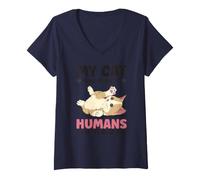 Donna Umani Make My Head Hur Upside Down Cute Kitty Cartoon Cat Maglietta con Collo a V