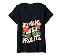Donna Umani sui profitti Anti Capitalismo Messaggio Bold Maglietta con Collo a V