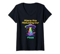 Donna Umorismo amante della pizza con alieno rapimento UFO VIbes Meme Maglietta con Collo a V