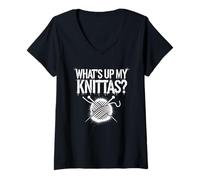 Donna Umorismo Maglia Donne What’s Up My Knittas? Design Maglietta con Collo a V