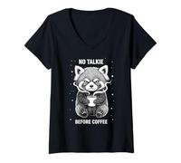 Donna Umorismo Panda Rosso assonnato No Talkie Before Coffee Maglietta con Collo a V