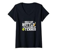 Donna Umorismo sul Tennis Hold My Bottle Maglietta con Collo a V