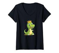 Donna Un dinosauro sorridente con il suo vestito regale corona Maglietta con Collo a V