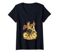 Donna Un Elegante Parigino Ragazza Cavalca Una Bicicletta Tenendo Una Baguette Maglietta con Collo a V