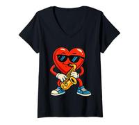 Donna Un Fun Cartoon Cuore Rosso Che Gioca SAXOFONO Maglietta con Collo a V