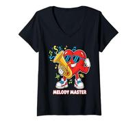 Donna Un Fun Cartoon Cuore Rosso Che Gioca Tuba Musicista Maglietta con Collo a V
