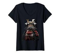 Donna Un Gatto Vestito Come Un Tradizionale Samurai Giapponese Maglietta con Collo a V