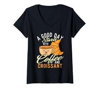 Donna Una buona Giornata Inizia con caffè e Croissant - Coffee Lover Maglietta con Collo a V