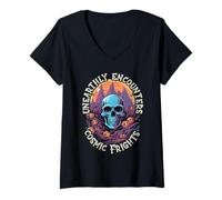 Donna Unearthly Encounters Cosmic Frights Halloween Space Maglietta con Collo a V