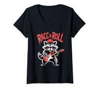 Donna Unhinged Raccoon Rock 'n Roll Trash Panda Retro Chitarra Maglietta con Collo a V