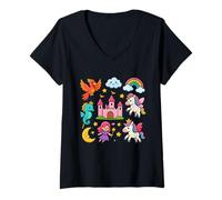 Donna Unicorn Castle Rainbow Dreams Fantasy Maglietta con Collo a V