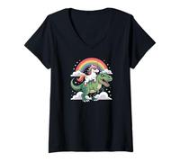 Donna Unicorn Riding T Rex Rainbow Clouds Cute Dinosaur Maglietta con Collo a V