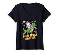 Donna Unicorno Astronauta Cavalcando T Rex Dinosauro nello Spazio Dino Maglietta con Collo a V