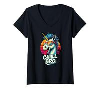 Donna Unicorno chilliges con occhiali da sole divertente retrò Maglietta con Collo a V
