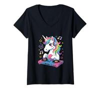 Donna Unicorno DJ Magico Arcobaleno Musica Maglietta con Collo a V