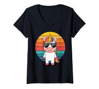 Donna Unicorno retrò con occhiali da sole, stile vintage Maglietta con Collo a V