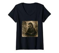 Donna Unicorno Samurai Warrior Katana Kimono Zen Sumi-E Vintage Maglietta con Collo a V