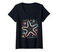 Donna Un'illustrazione di stelle marine e conchiglie Maglietta con Collo a V