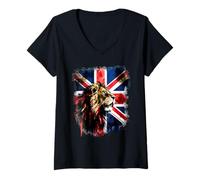 Donna Union Jack Bandiera UK Lion Face Maglietta con Collo a V