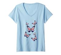 Donna Union Jack Farfalle Farfalle Bandiera Ali Bandiera Regno Unito Maglietta con Collo a V