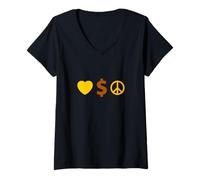 Donna University Varsity-Gold Love, Ricchezza, Pace Giallo Maglietta con Collo a V