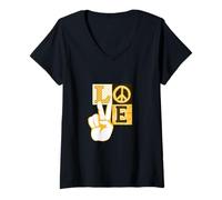 Donna University Varsity-Gold Peace Love Vibe Varsity-Grafica dorata Maglietta con Collo a V