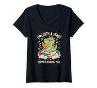 Donna Unreath a Story Summer Library: Lettura del Libro sui Dinosauri del 2026 Maglietta con Collo a V