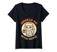 Donna Unwrap Me After Coffee Mummy Divertente Carino Halloween caffè Maglietta con Collo a V
