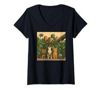 Donna Urban Jungle Art - Cani nel Paradiso Tropicale Maglietta con Collo a V