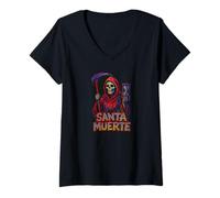 Donna Urban Street Art Santa Muerte Messicano Graffiti Style Design Maglietta con Collo a V