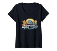 Donna US Cars - Auto d'Epoca Maglietta con Collo a V