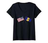 Donna USA Barbados Bandiere Incrociate American Bajan Amicizia Maglietta con Collo a V