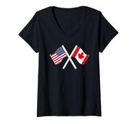 Donna USA E Canada Bandiere Incrociate Doppie Radici Maglietta con Collo a V
