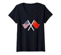 Donna USA E Cina Bandiere Attraversate Radici Doppie Maglietta con Collo a V