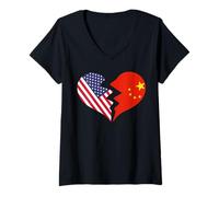 Donna USA e Cina Cuore Spezzato Amore Internazionale Maglietta con Collo a V