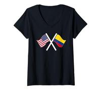 Donna USA E Colombia Bandiere Attraversate Radici Doppie Maglietta con Collo a V