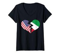 Donna USA e Italia Cuore Spezzato Amore Internazionale Maglietta con Collo a V