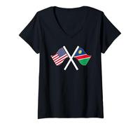 Donna USA E Namibia Bandiere Attraversate Radici Doppie Maglietta con Collo a V