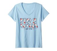 Donna USA Est 1776 Varsity Mama 4 luglio Semiquincentenario floreale Maglietta con Collo a V
