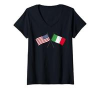 Donna USA Italia Bandiere Incrociate Amicizia Italiana Americana Maglietta con Collo a V