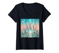 Donna Utopia 2099 Design Dream Future City Maglietta con Collo a V