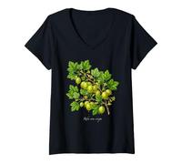 Donna UVA Spina pianta Illustrazione Ribes UVA-crispa Maglietta con Collo a V