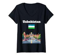 Donna Uzbekistan Viaggio Souvenir Tashkent Amante della Città Bandiera Uzbekistan Maglietta con Collo a V